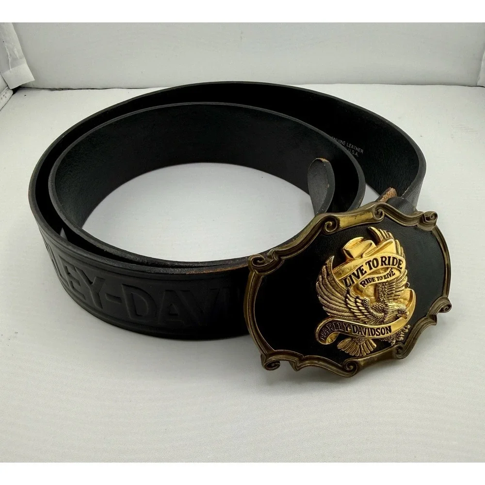 Harley Davidson Vintage Leather Belt 1978 Live to Ride Rain Tree Buckle Size 38